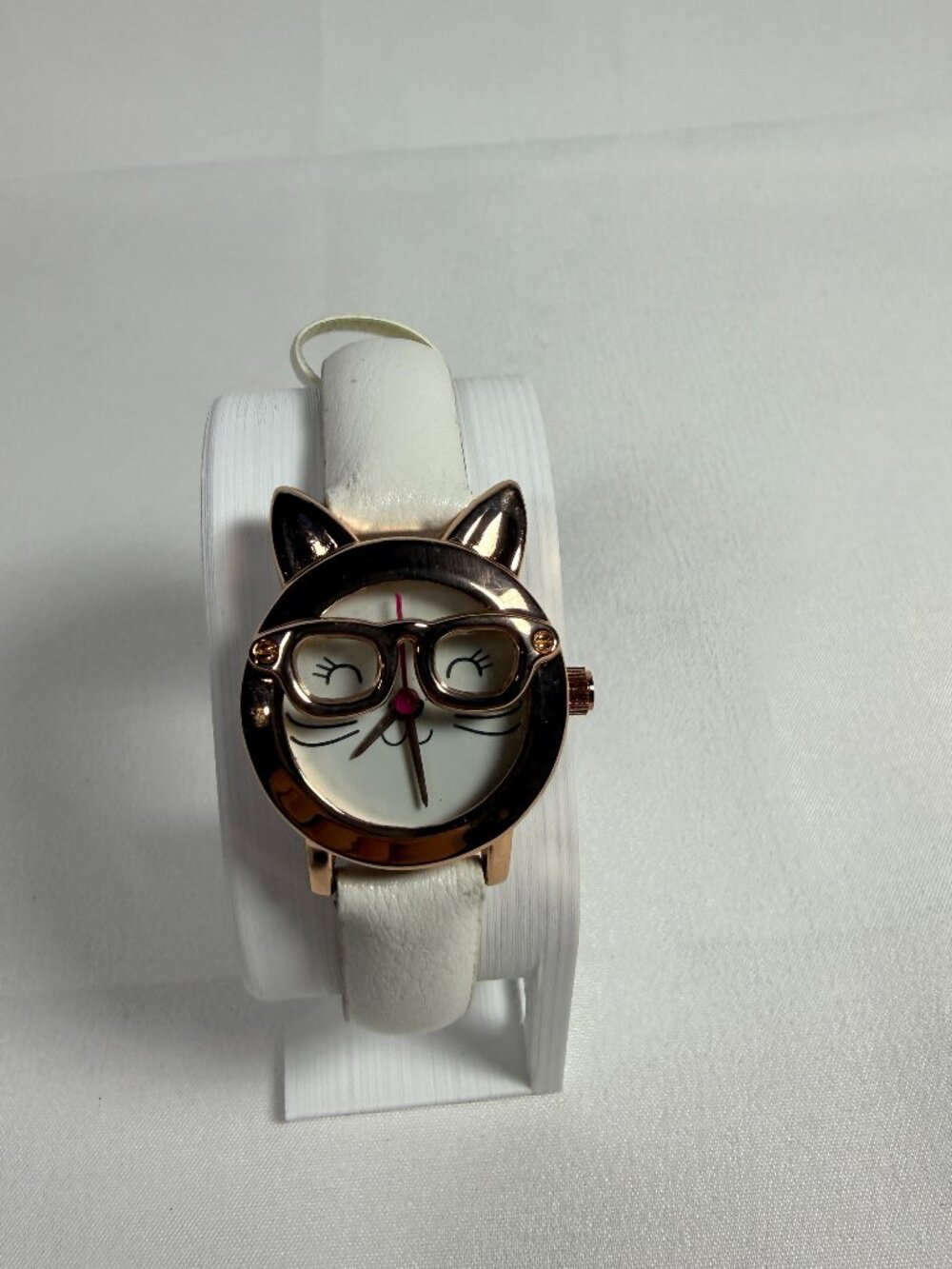 Cute Cat Face Eyeglasses Watch White Strap Rose Gold Tone Women's Quartz
